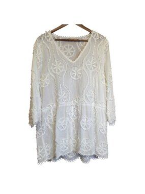 Soft Surroundings White Embroidered Tunic Top Size L Boho Floral Scalloped Angel